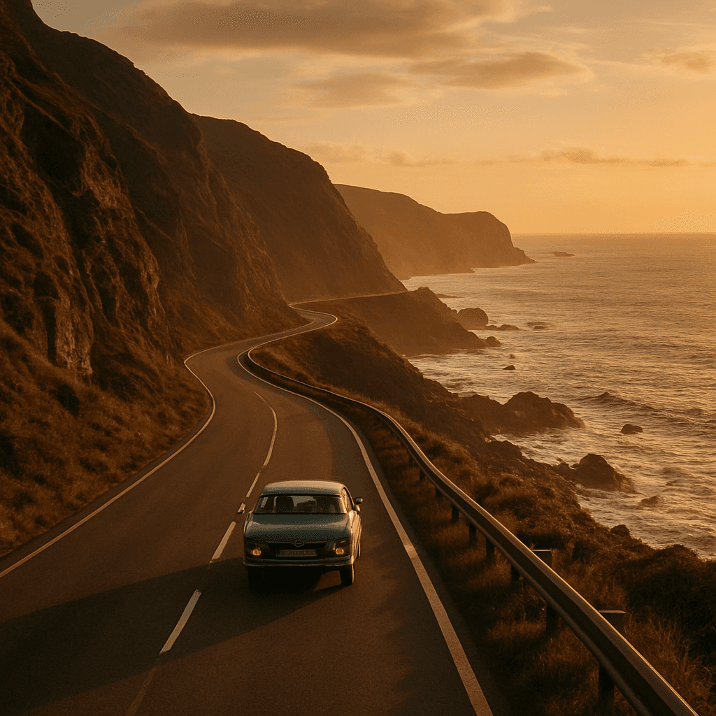 A winding coastal road along the northern Spanish coast at golden hour