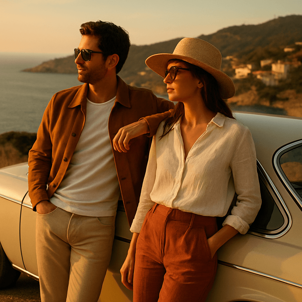 A couple leaning against a car overlooking a Spanish coastal vista at golden hour